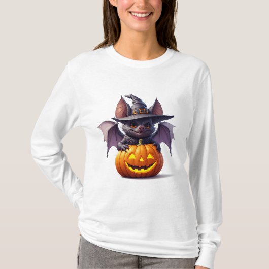 ハロウィンのおばけコウモリとカボチャのシーン 👻 Tシャツ (正面)