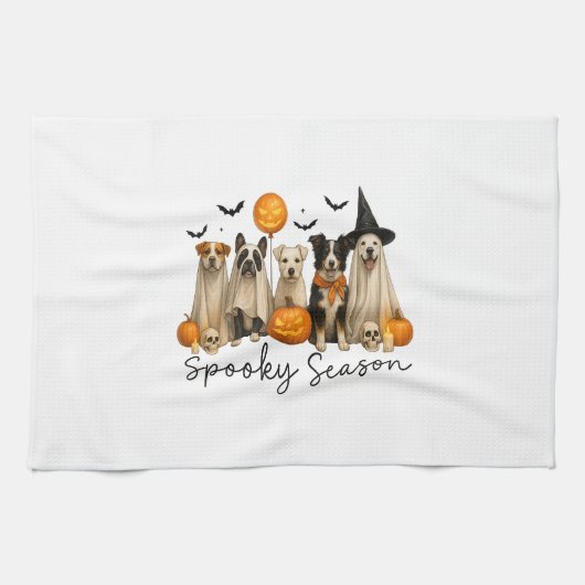 ハロウィンのおばけシーズンの犬 キッチンタオル (横)