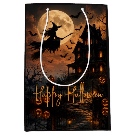 ハロウィンのおばけ屋敷の上空を飛ぶ魔女 ミディアムペーパーバッグ (正面)