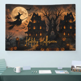 ハロウィンのおばけ屋敷の上空を飛ぶ魔女 横断幕