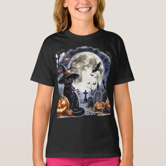 ハロウィンのおばけ満月と黒猫 Tシャツ (正面)