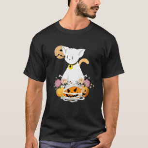 ハロウィンのおばけ猫と怖いカボチャの花柄 Tシャツ