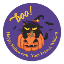 ハロウィンのおばけ、魔女の帽子をかぶった太った黒猫