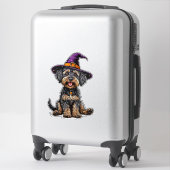 ハロウィンのおもしろい魔女の帽子をかぶった犬のコスチューム シール (スーツケース)