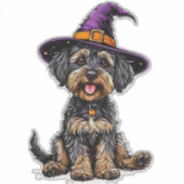 ハロウィンのおもしろい魔女の帽子をかぶった犬のコスチューム シール (正面)