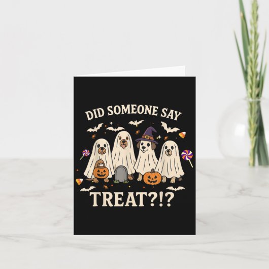 ハロウィンのおもしろ犬たち 誰かお菓子って言った？幽霊犬 カード (正面)