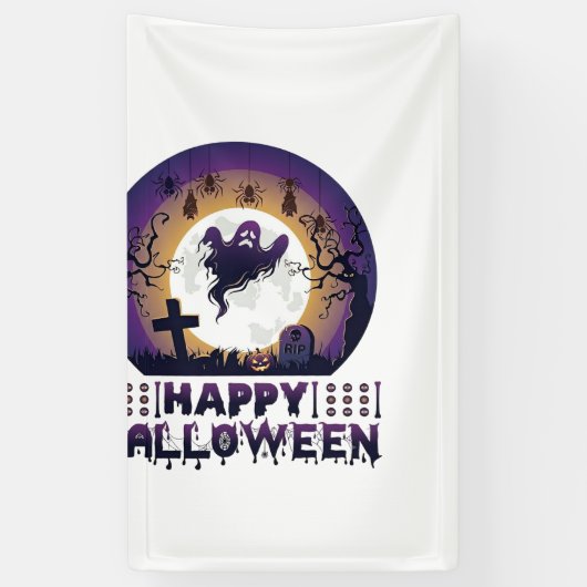 ハロウィンのお化けコウモリ クモ_1 横断幕 (縦)