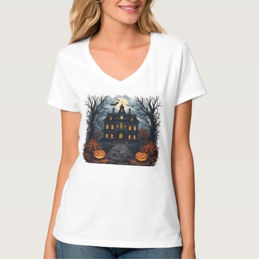 ハロウィンのお化け屋敷とパンプキンパッチ Tシャツ (正面)