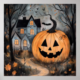 ハロウィンのお化け屋敷と巨大なカボチャ ポスター