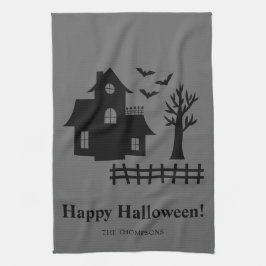 ハロウィンのお化け屋敷のシルエットとカスタムテキスト キッチンタオル