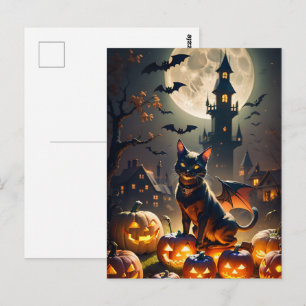 ハロウィンのお化け屋敷、満月、黒猫 ポストカード