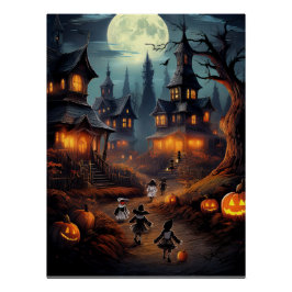 ハロウィンのお化け村とトリック・オア・トリートの子供たち ポスター