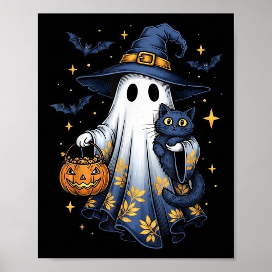 ハロウィンのお化け魔女が黒猫を持って面白い ポスター (正面)