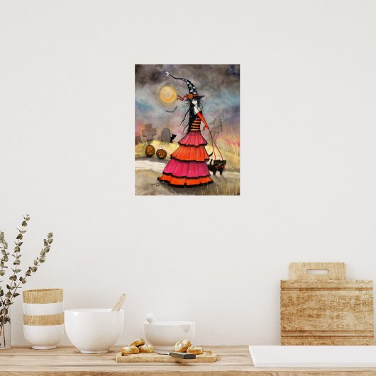 ハロウィンのお散歩 ファンタジー ウィッチ 黒猫 ポスター (キッチン)