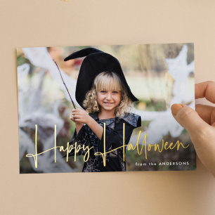 ハロウィンのお祝いに手書きスクリプトのハッピー ハロウィン 写真 箔シーズンカード