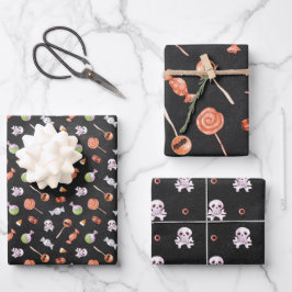 ハロウィンのお菓子とドクロのかわいいデザイン ラッピングペーパーシート