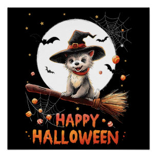 ハロウィンのお菓子と幽霊と魔女とパピードッグの面白いデザイン ポスター