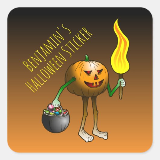 ハロウィンのお菓子もらいカボチャ スクエアシール (正面)