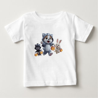 ハロウィンのお菓子をもらいにいく子犬の人狼と仲間たち ベビーTシャツ
