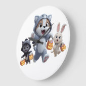 ハロウィンのお菓子をもらいにいく子犬の人狼と仲間たち ラージ壁時計 (傾斜)