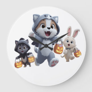 ハロウィンのお菓子をもらいにいく子犬の人狼と仲間たち ラージ壁時計