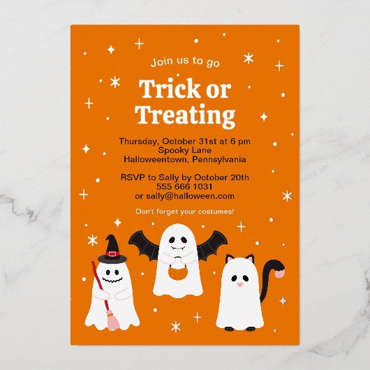 ハロウィンのお菓子をもらいにくる可愛いお化け カスタム 箔招待状 (正面)