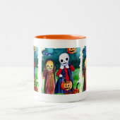 ハロウィンのお菓子をもらいに来た子供たち ツートーンマグカップ (中央)