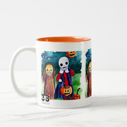 ハロウィンのお菓子をもらいに来た子供たち ツートーンマグカップ (左)
