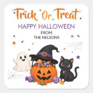 ハロウィンのお菓子をもらう袋にぴったりな「トリック・オア・トリート」ステッカー スクエアシール