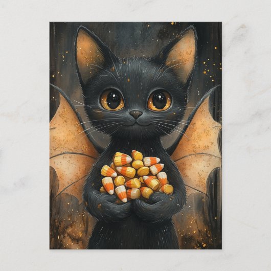 ハロウィンのお菓子を持つコウモリ猫 ポストカード (正面)
