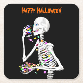 ハロウィンのお菓子を食べるスケルトン スクエアペーパーコースター