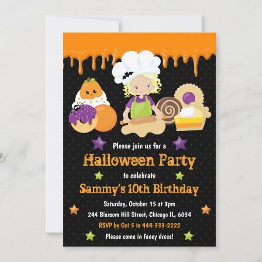 ハロウィンのお菓子作り誕生日パーティー 招待状 (正面)