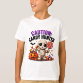 ハロウィンのお菓子狩りに注意！ミイラの面白いハロウィンクォート Tシャツ (正面)