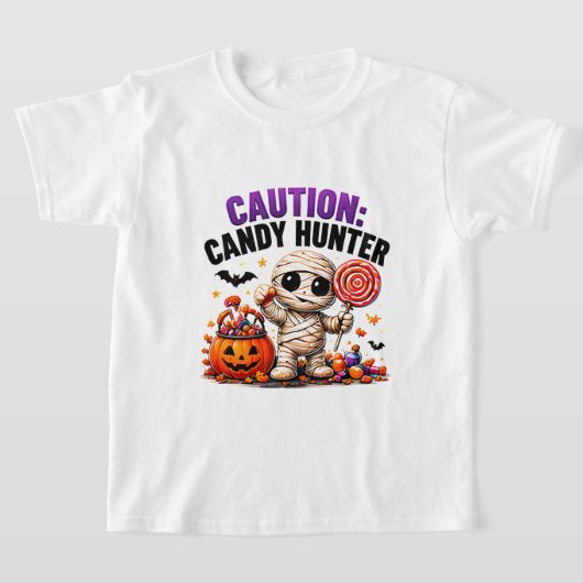 ハロウィンのお菓子狩りに注意！ミイラの面白いハロウィンクォート Tシャツ (レイダウン)