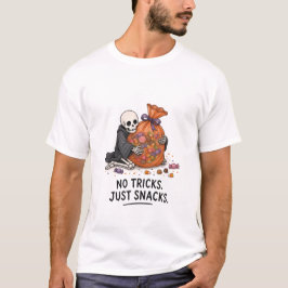 ハロウィンのお菓子袋を持つスケルトンのイラスト Tシャツ