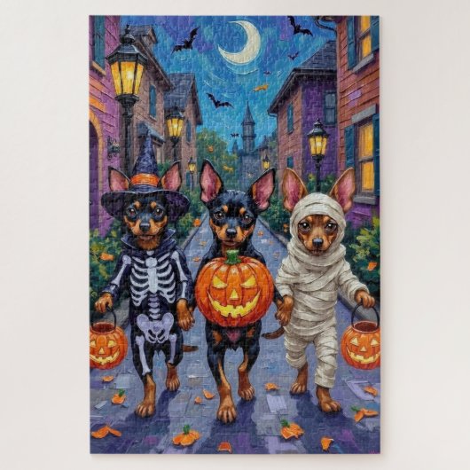 ハロウィンのお菓子配りをするアフェンピンシャー ジグソーパズル (縦)