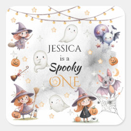 ハロウィンのお誕生日にぴったりな「Spooky One」ステッカー（魔女達） スクエアシール