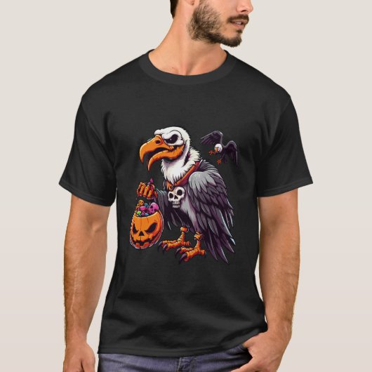 ハロウィンのかっこいいハゲタカの幽霊のお菓子入れ 3 Tシャツ (正面)