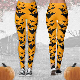 ハロウィンのかっこいい飛ぶコウモリ ブラックとオレンジ レギンス