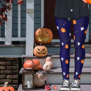 ハロウィンのかぼちゃと幽霊のブルーパターン レギンス