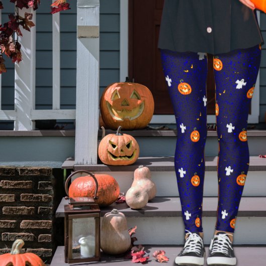 ハロウィンのかぼちゃと幽霊のブルーパターン レギンス