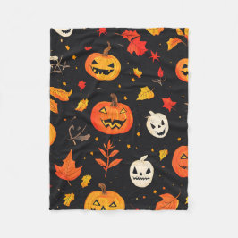 ハロウィンのかぼちゃと落ち葉プリント フリースブランケット