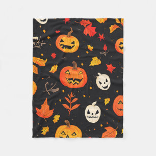 ハロウィンのかぼちゃと落ち葉プリント フリースブランケット