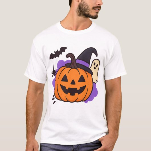 ハロウィンのかぼちゃと魔女の帽子 – おばけとこうもり Tシャツ (正面)