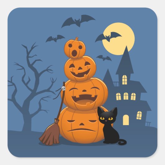 ハロウィンのかぼちゃと黒猫 スクエアシール (正面)