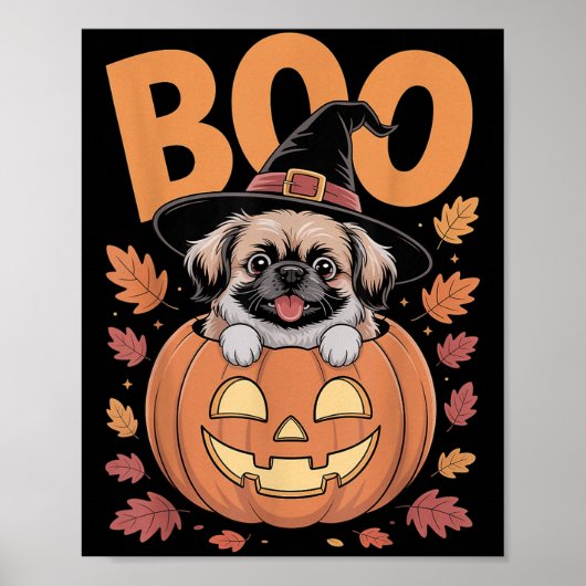 ハロウィンのかぼちゃに乗ったペキニーズの衣装 ペキニーズ ポスター (正面)