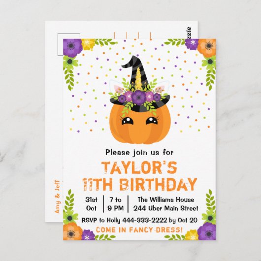 ハロウィンのかぼちゃのコスチュームの誕生日パーティーの白い背景 ポストカード (正面/裏面)