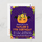 ハロウィンのかぼちゃのコスチュームの誕生日パーティー 紫の背景 ポストカード (正面/裏面)