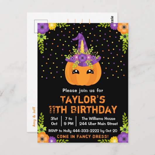 ハロウィンのかぼちゃのコスチューム　誕生日パーティー　黒背景 ポストカード (正面/裏面)