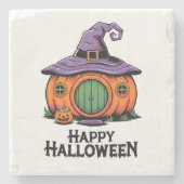 ハロウィンのかぼちゃのコテージと魔女の帽子の屋根 ストーンコースター (正面)